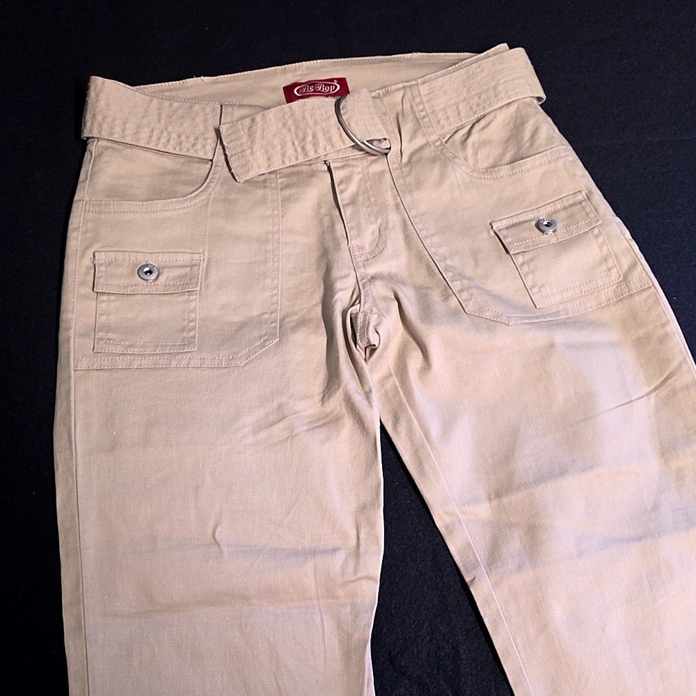 Be Bop Cargo Pants Women 3 Tan Khaki Low Rise Belted Utility Cropped Flared Y2K